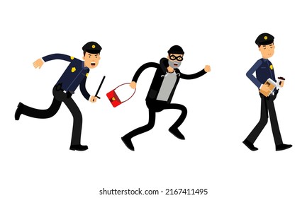 Police officer trying to catch criminal. Policeman at work cartoon vector illustration