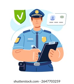 Police officer in uniform with badge. Law enforcement, representative of state security. Verification of documents
