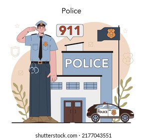 Police officer in uniform. Detective making investigation and apprehension. Policeman patrol the city managing the traffic. 911 service. Isolated flat vector illustration