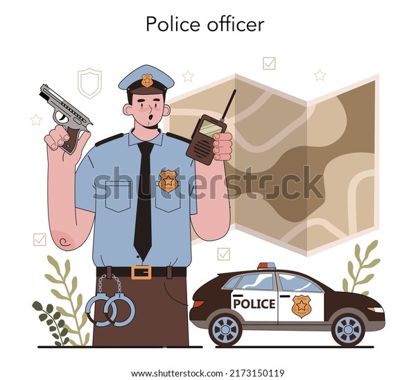 Police officer\
in uniform. Detective making investigation and apprehension.\
Policeman patrol the city managing the traffic. 911 service.\
Isolated flat vector\
illustration