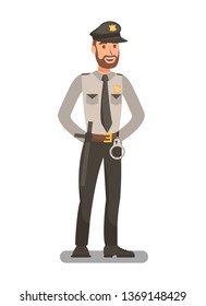 Police Officer in Uniform Flat Vector Illustration. Policeman, Bodyguard Cartoon Character. Security Guard Equipped with Handcuffs, Baton. Safety Staff, Personnel. Court Bailiff, Constable, Sheriff