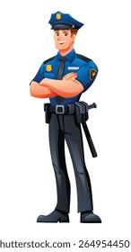 Police officer in uniform with folded arms standing confidently. Vector cartoon character illustration
