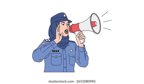 Policial fardado com véu falando alto através de megafone anunciando informações importantes ao público