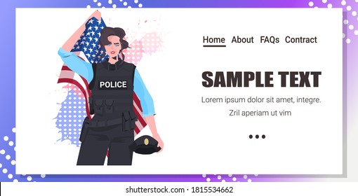 police officer in uniform holding USA flag and hat happy labor day celebration concept portrait copy space horizontal vector illustration