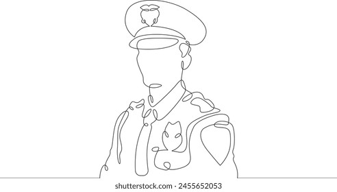 Police officer in uniform. Policemen on duty. Law enforcement.One continuous line . Line art. Minimal single line.White background. One line drawing. 