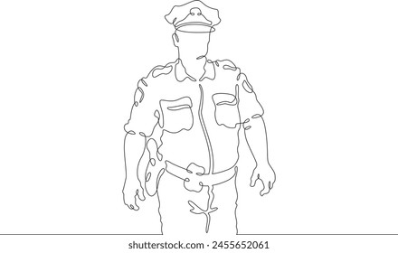 Police officer in uniform. Policemen on duty. Law enforcement.One continuous line . Line art. Minimal single line.White background. One line drawing. 