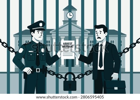 Police officer in uniform presenting an official arrest warrant to a distressed man in front of a courthouse behind chains and bars.