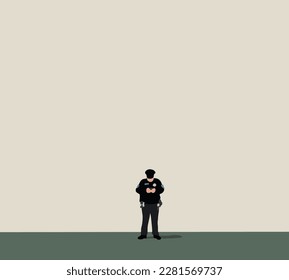 Police officer in uniform sending message on cellular smart phone on city street. Safety security communication control policeman