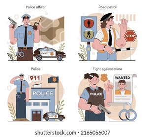 Police officer in uniform set. Detective making investigation and apprehension. Policeman patrol the city managing the traffic. 911 service. Isolated flat vector illustration