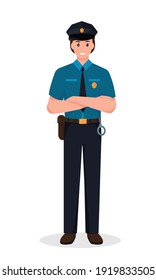 Police officer in uniform standing in front view. Profession people concept. Job at police station. Policeman vector character illustration isolated on white background.