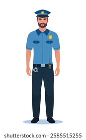 Police officer in uniform standing in front view. Profession people concept. Job at police station. Policeman character.