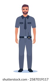 Police officer in uniform standing in front view. Profession people concept. Job at police station. Policeman character.