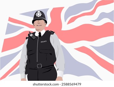 Police officer in uniform with uk flag background