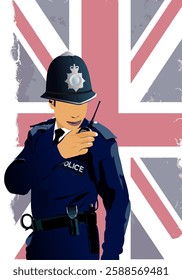 Police officer in uniform with uk flag background