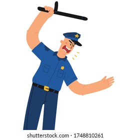 Police officer in uniform using stick flat design vector illustration. American policeman hits with a baton