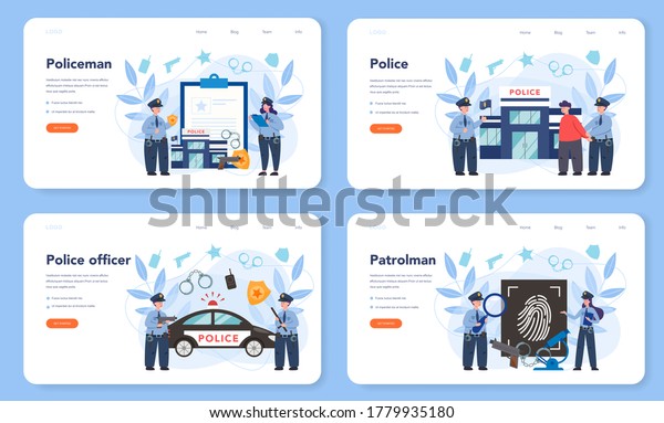 Police officer in uniform web\
banner or landing page set. Detective making investigation.\
Policeman patrol the city. 911 service. Isolated flat vector\
illustration