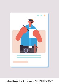 police officer in uniform writting fine labor day concept policeman in web browser window online communication self isolation concept portrait vertical vector illustration