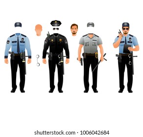 Police officer uniforms set. Vector, isolated on white