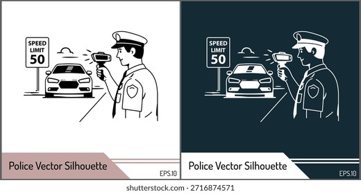 Agente de policía usando pistola de radar de velocidad para verificar la Ilustración vectorial de velocidad del vehículo