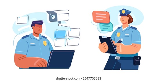 Police officer using video surveillance. Law enforcement, representative of state security. Protection rights, control