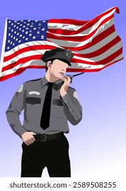 Police officer using walkie-talkie with american flag waving in background, representing security and patriotism. Hand drawn Illustration