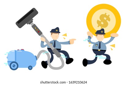 police officer and vacuum cleaner clean catch money cartoon doodle flat design style vector illustration