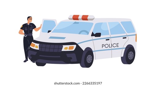 Oficial de policía en la camioneta. Policía uniformado en el auto. Policía feliz en auto-transportador, vagón de autos de las fuerzas de la ley municipal. Ilustración vectorial plana aislada en fondo blanco