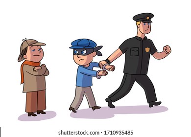 Police officer vector character detained teenage masked bully. Detective boy in Sherlock Holmes suit standing and smiling. Law and order, profession for child, difficult children and childhood concept