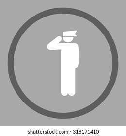 Police officer vector icon. This rounded flat symbol is drawn with dark gray and white colors on a silver background.