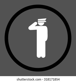 Police officer vector icon. This rounded flat symbol is drawn with black and white colors on a gray background.