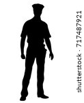 Police officer vector silhouette, outline man standing front side full-length, contour portrait male cop in a police uniform with arms, isolated on white background, monochrome illustration