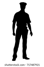 Police officer vector silhouette, outline man standing front side full-length, contour portrait male cop in a police uniform with arms, isolated on white background, monochrome illustration