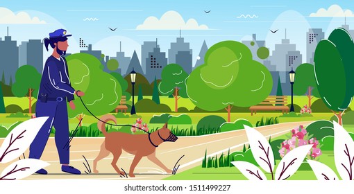 police officer walking with german shepherd policeman in uniform with dog security authority justice law service concept public park cityscape background sketch full length horizontal