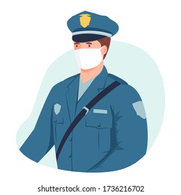 Police officer wearing medical mask. Man potrait avatar. Profession and protection, crime investigation. Vector character illustration