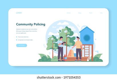 Police officer web banner or landing page. Policeman patrol the city and making apprehensions. 911 service community policing. Isolated flat vector illustration