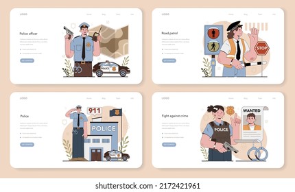 Police officer web banner or landing page set. Detective making investigation and apprehension. Policeman patrol the city managing the traffic. 911 service. Isolated flat vector illustration