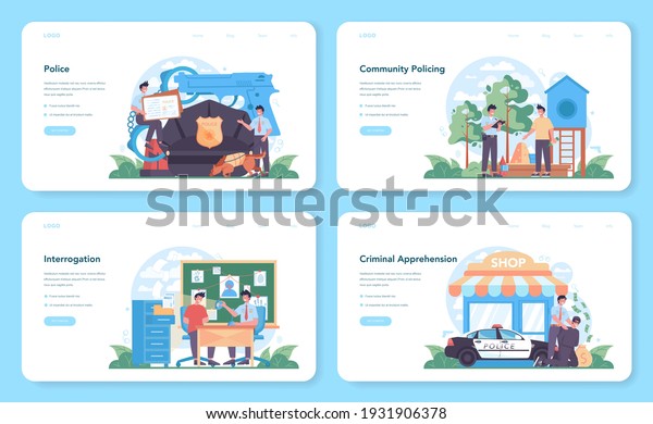 Police officer web banner or landing page\
set. Detective making interrogation. Policeman patrol the city and\
making apprehensions. 911 service community policing. Flat vector\
illustration