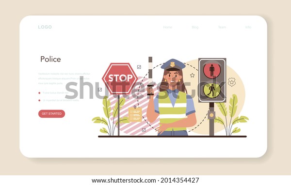 Police officer web banner or landing page.\
Detective making interrogation. Policeman patrol the city managing\
the traffic. 911 service community policing. Isolated flat vector\
illustration