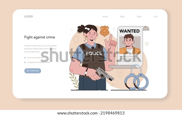 Police
officer web banner or landing page. Detective making investigation
and apprehension. Policeman patrol the city managing the traffic.
911 service. Isolated flat vector
illustration