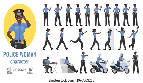 Police Officer Woman Poses Vector Illustration Set. Cartoon Young Black African American Female Character Working Different Poses, Gestures And Actions, Posing Phone, Gun, Police Motorcycle Isolated