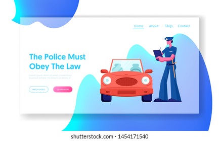 Police Officer Write Fine Website Landing Page. Law Protection, Car Traffic Inspector, Safety Control, High Speed Traffic Violation, Policeman Work Web Page. Cartoon Flat Vector Illustration, Banner
