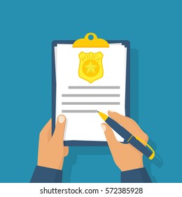 Police officer write report about violation. Fined. The cop holding clipboard in hand, pen signing document. Vector illustration flat design. Isolated on background.
