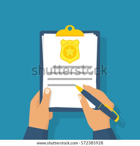 Police officer write report about violation. Fined. The cop holding clipboard in hand, pen signing document. Vector illustration flat design. Isolated on background.