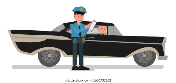 A police officer writes a fine to a traffic offender. Vector illustration, flat design style. Isolated on a white background.