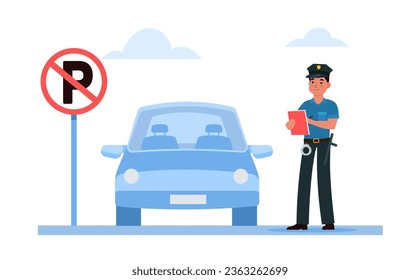 Der Polizeibeamte schreibt ein Parkticket in einem Gebiet, in dem das Parken verboten ist. Stadtverkehrsvorschriften. Autohaltestelle Straßenschild. Cartoon-Flachstil, einzelne Vektorgrafik-Konzept