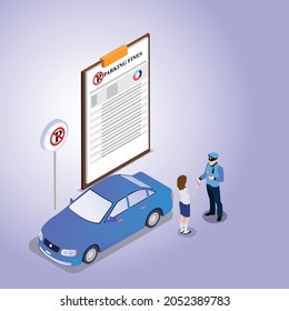 Oficial de policía escribiendo una multa al conductor por estacionamiento ilegal concepto de ilustración vectorial isométrica para banner, sitio web, página de aterrizaje, anuncios, volante