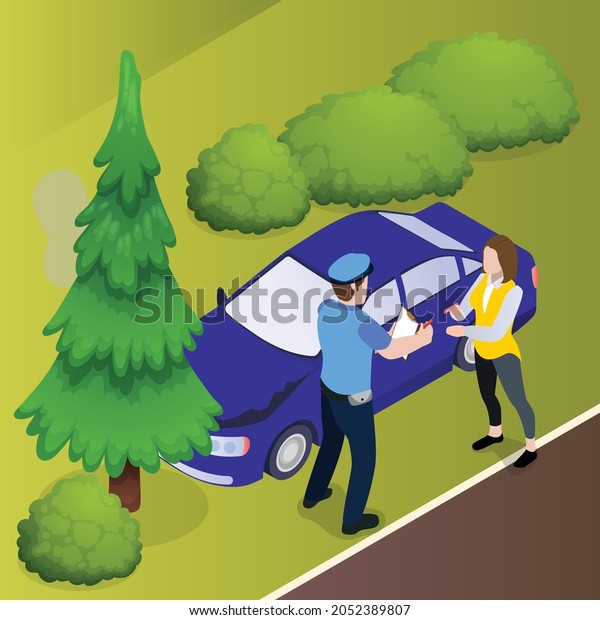Police officer writing a fine to a female driver 3d\
isometric vector illustration concept for banner, website, landing\
page, ads, flyer