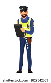 Police officer writing fine on board. Policeman stopping, standing with ticket and radio device. Safe driving vector illustration. Man in uniform isolated on white background.