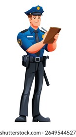 Police officer writing on a clipboard, documenting information or issuing a citation. Vector cartoon character illustration
