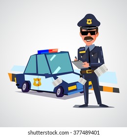 Police officer writing ticket with police car. character design - vector illustration